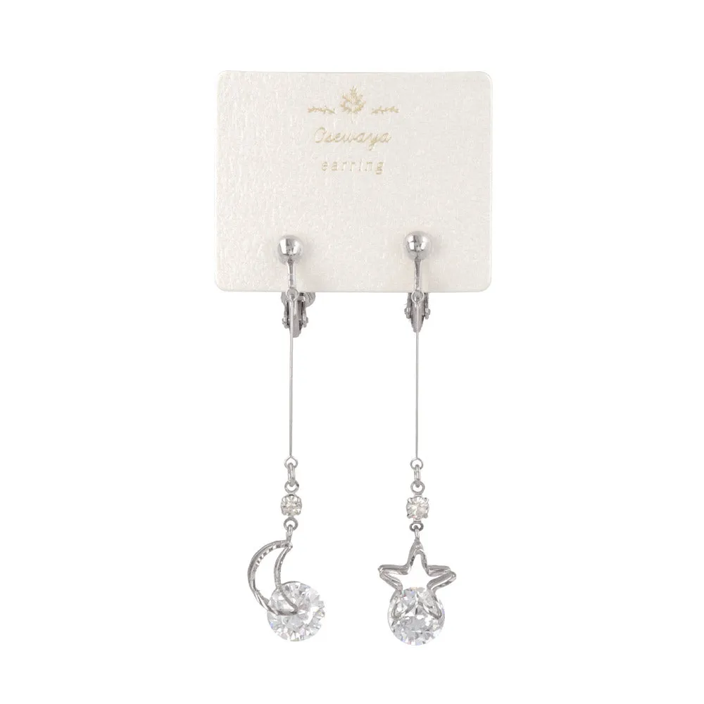 Star and Moon Dangling Cubic Zirconia Clip On Earrings