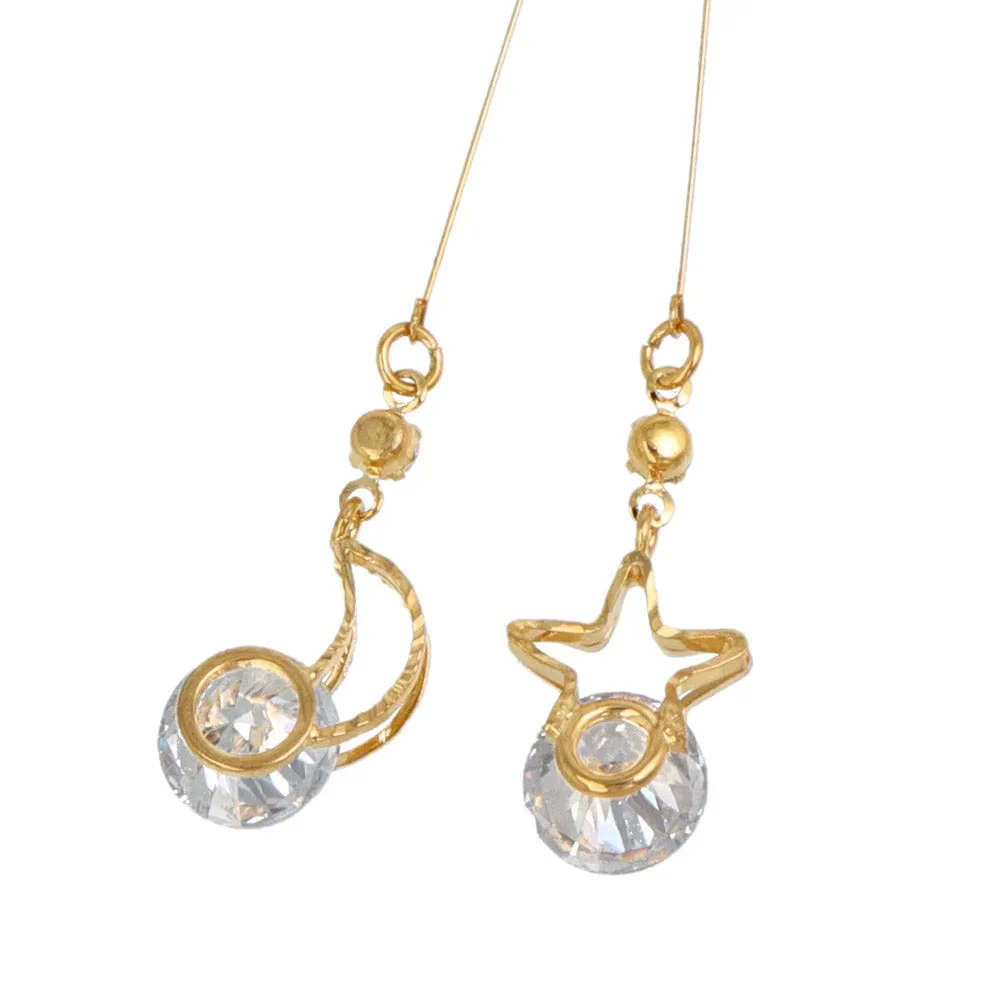 Star and Moon Dangling Cubic Zirconia Clip On Earrings