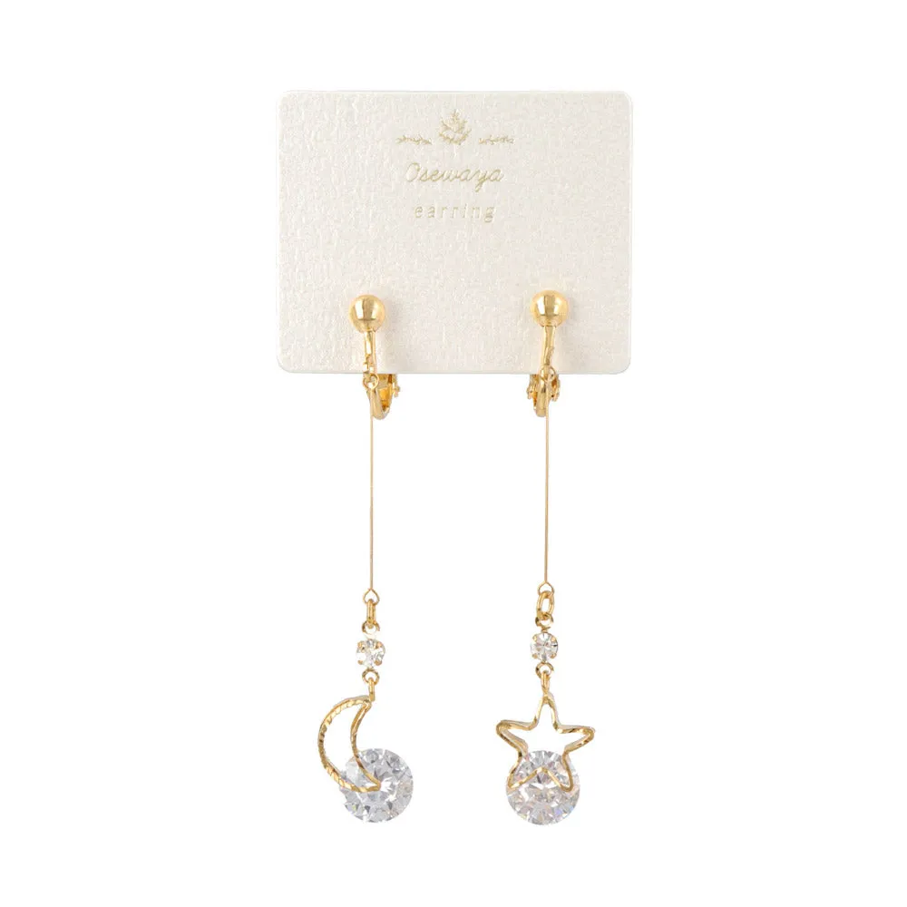 Star and Moon Dangling Cubic Zirconia Clip On Earrings