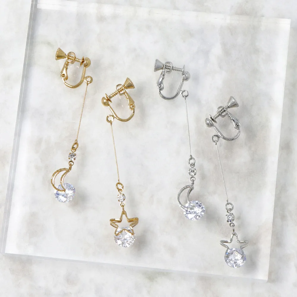 Star and Moon Dangling Cubic Zirconia Clip On Earrings