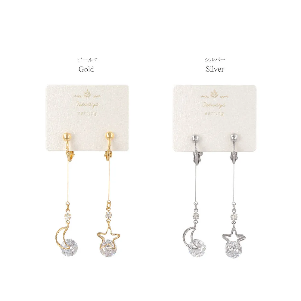 Star and Moon Dangling Cubic Zirconia Clip On Earrings