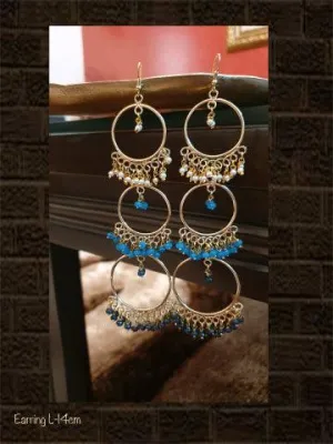 Three ring long handmade earring with white,ferozi and navy-blue beads