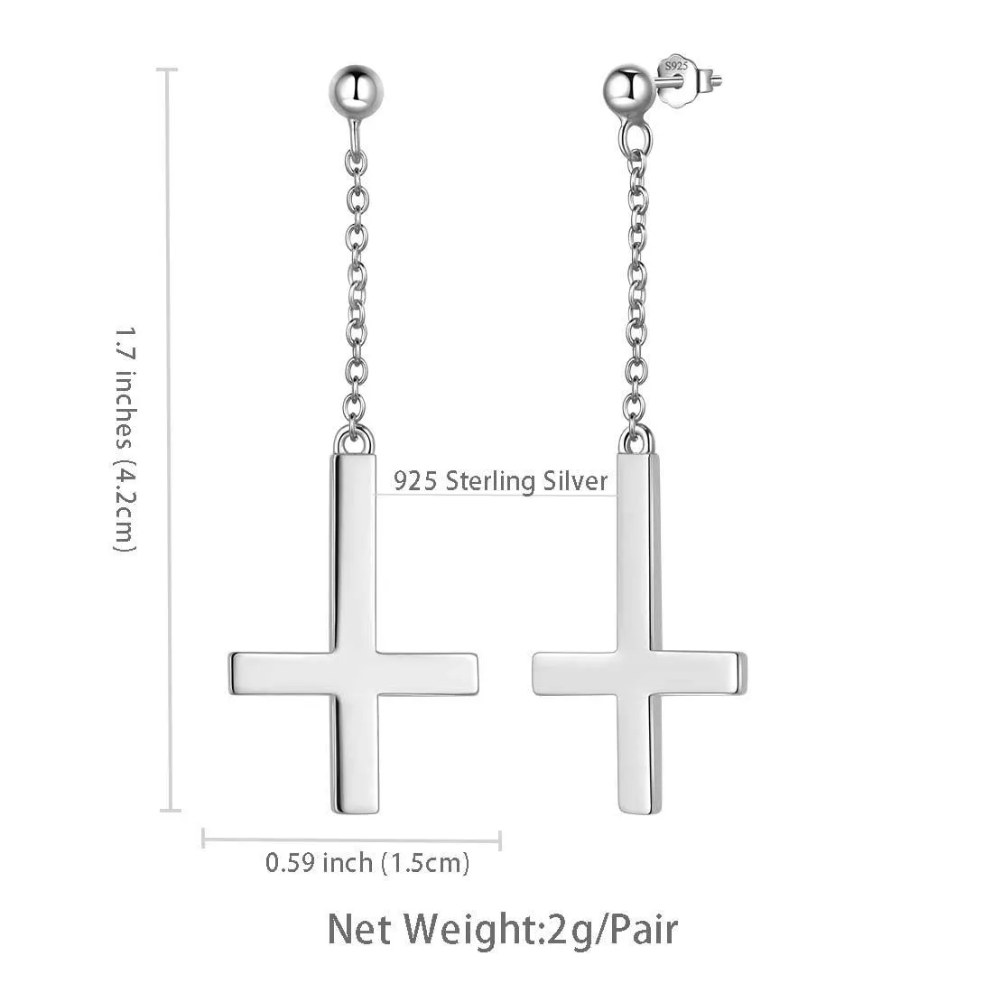 Upside Down Cross Earrings Dangling Women Mens Jewelry Sterling Silver